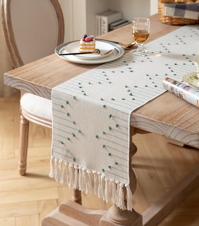 Boho Table Runner 13 x 108 Inch Long Natural Cotton Woven Runner - Image 2
