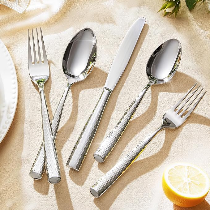 Kingstone Hammered Silverware Set, 5-Piece Flatware Set for 1, 18/10 Stainless Steel Heavy Duty Cutlery Set, Mirror Polished Utensil Sets for Home, Restaurant, wedding, Dishwasher Safe