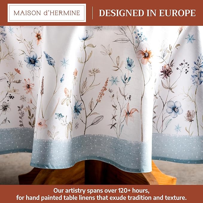 Maison d' Hermine Table Cloth Round Table 100% Cotton 63 Inches Fall Tablecloth Reusable Everyday Use for Thanksgiving Christmas Decorations Dining Farmhouse Party (Ice Florals)