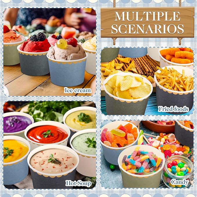 Zopeal 96 Pcs Winter Disposable Ice Cream Bowls 9oz Dusty Blue and Green Gradient Color Paper Snack Cups with Gold Scallop for Parties, Weddings, Baby Showers, Desserts, Yogurt, and Salads