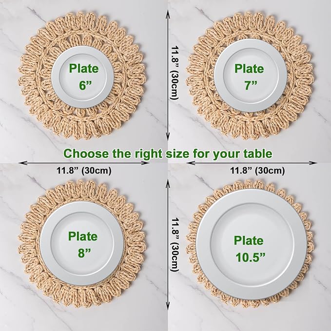 11.8" Set of 4 Round Corn Husk Placemats | Boho Woven Rattan Table Mats | Farmhouse Wicker Spring Plate Chargers Like Water Hyacinth, Seagrass for Wedding, Party, Christmas, Events