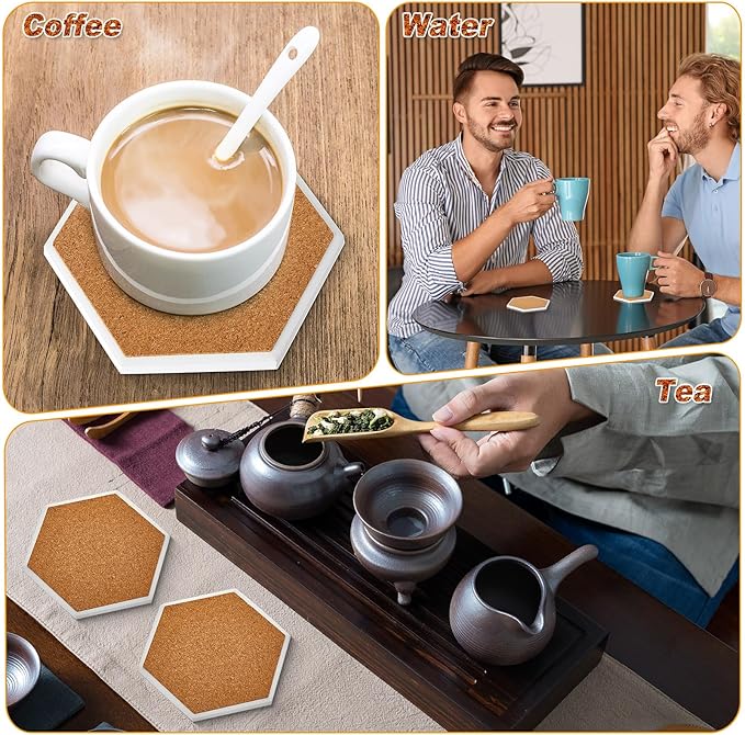 Zopeal 48 Pcs Ceramic Tiles for Crafts Coasters Include Unglazed White Ceramic Tiles with Cork Backing Pads Use with Alcohol Ink Acrylic Pouring for DIY Project Gift (Hexagon)