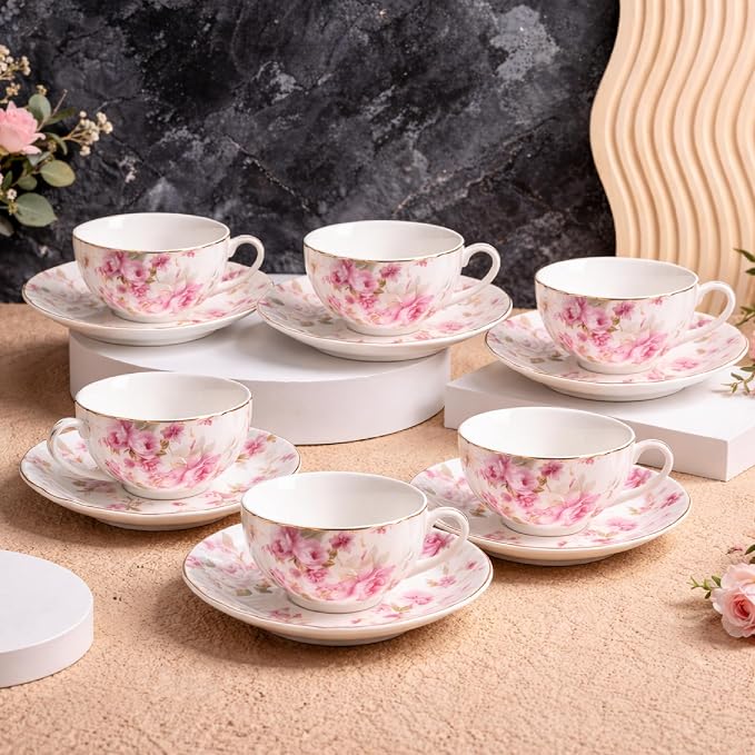 BTaT- Floral Tea Cups and Saucers, 7 oz, Fine Porcelain Teacup Set - Image 6