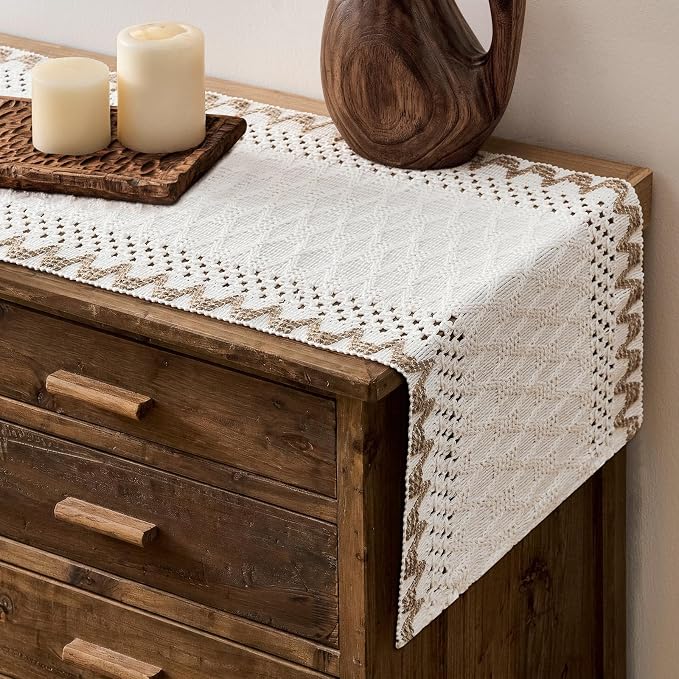 Macrame Side Trim Boho Woven Table Runner, Jute 12x72 Inch | Crochet Hollow by ZEEMARTONLINE
