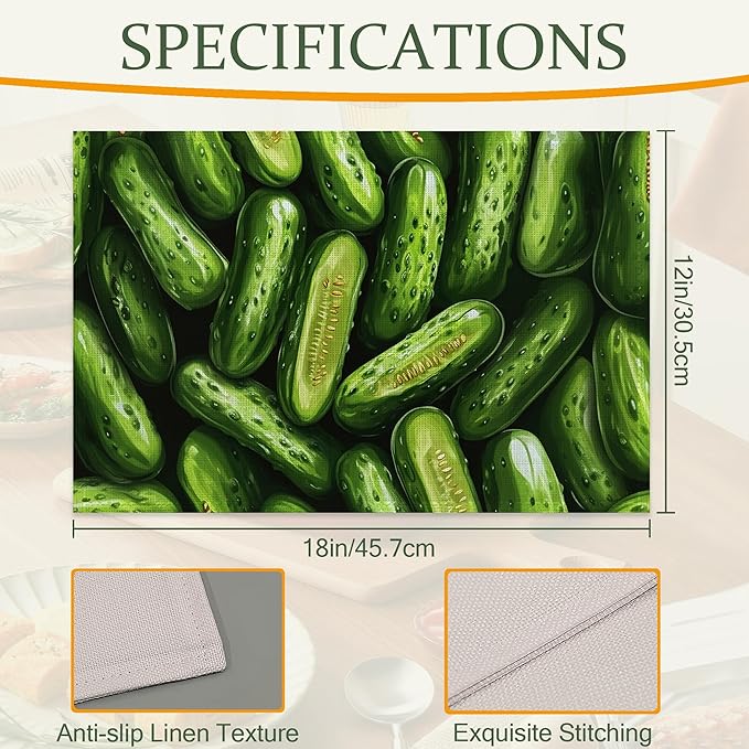 Table Placemats Set of 6,Green Cucumber Cloth Placemats,Vegetable Food Theme Heat-Resistant Table Mats for Kitchen Dining Room Decoration,Non-Slip Fabric Place Mats 11.8x17.7 Inch
