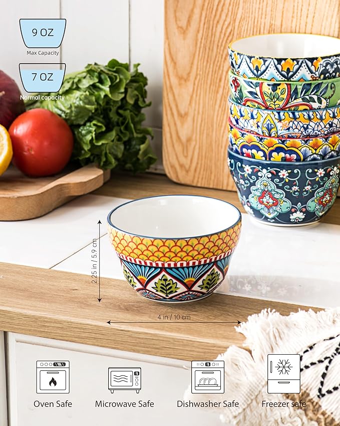 HENXFEN LEAD Bouillon Cups 8 Oz, Small Bowls for Dessert, Yogurt, Dips, Ice Cream, Dipping Sauce Bowls Set of 6, Microwave & Dishwasher Safe – Bohemian Style