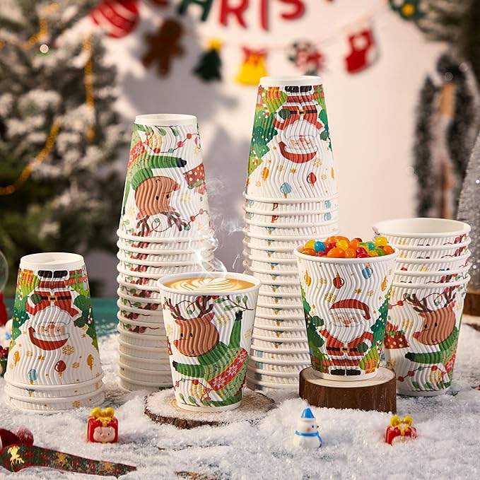 SIUQ 12 oz Christmas Coffee Cups - 50 Pack Disposable Insulated Paper Cups, Christmas Hot To Go Coffee Cups, Leak Proof Holiday Party Supplies for Office Home Celebrations