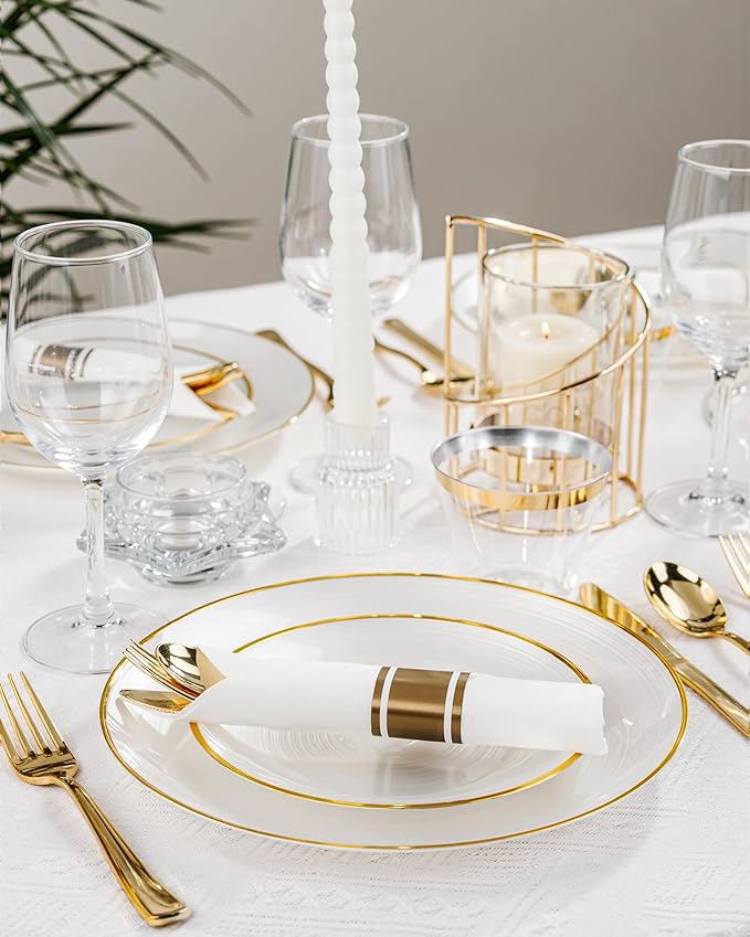 Morejoy 100Pcs Pearl White Plastic Plates,White Disposable Plates With Gold Rim,Heavy-duty Gold Plates, Modern swirl design Plate Include 50Clear Dessert-Platos,50Dinner-Platos for Party&Christmas