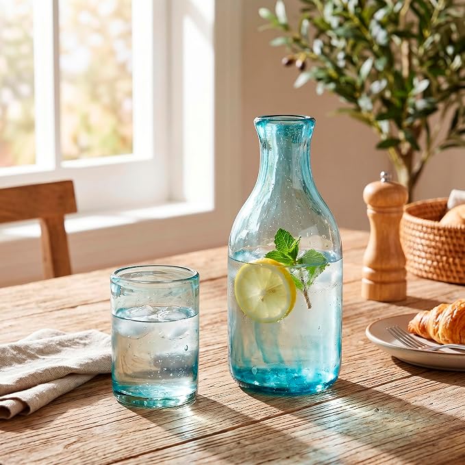 NOVICA Artisan Handblown Recycled Glass Carafe Aqua Cup Clear Green Mexico - Image 2