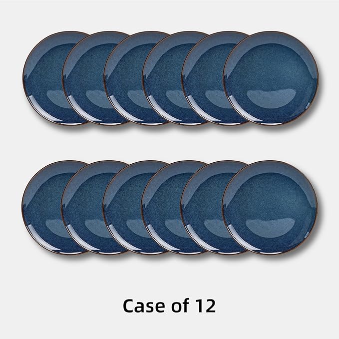 Organic Shape Highland Ceramic Dinner Plates, 12pcs 10.5 Inch Handmade Reactive Glaze Stoneware Plates with Wavy Edge, for Kitchen, Microwave & Dishwasher Safe, Scratch Resistant-Blue