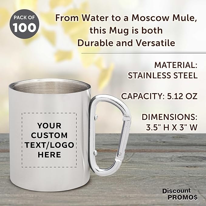 Custom Stainless Steel Mugs with Carabiner Handle 10 oz. Set of 100, Personalized Bulk Pack - Perfect for Coffee, Soda, Other Hot & Cold Beverages - Silver