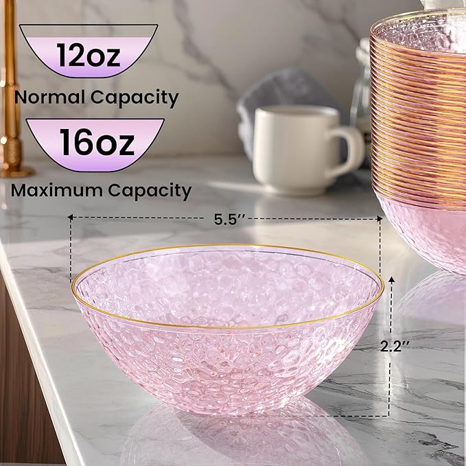 I00000 50 Pack 12 Ounce Pink Plastic Bowls Serving Bowls Hammered Clear Bowl with Gold Rimmed, Heavy Duty Disposable Bowl Set,Small Bowls for Valentine's Day Party