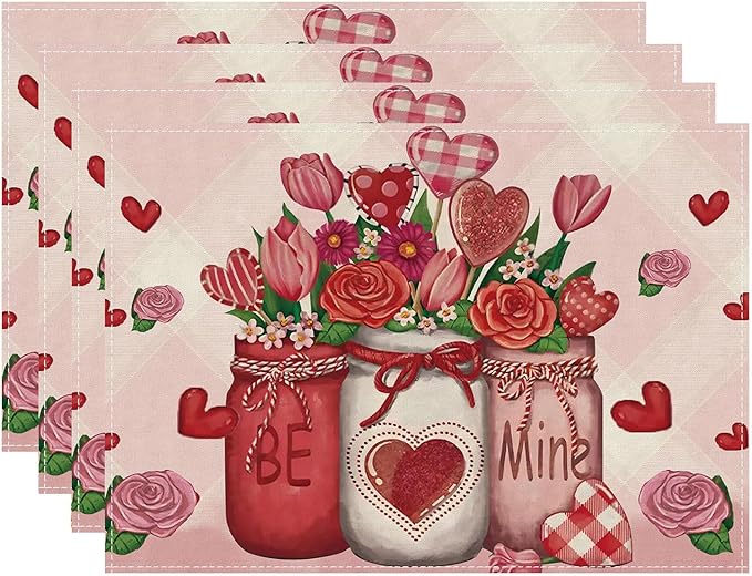 XCHI Roses Flowers Love Hearts Vase Valentine’s Day Placemats Set of 4 Table Mats for Party Home Kitchen Dining Table Decorations 12x18 Inch
