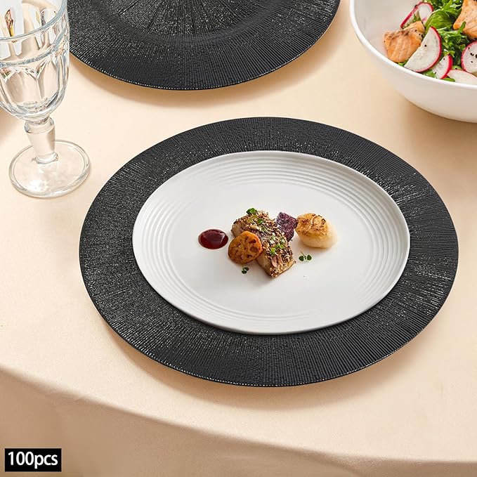 Charger Plates, 100pcs Black 13inch Plastic Dinner Plate, Round Plastic Dinner Plate with Delicate Texture for Parties Wedding (Black)