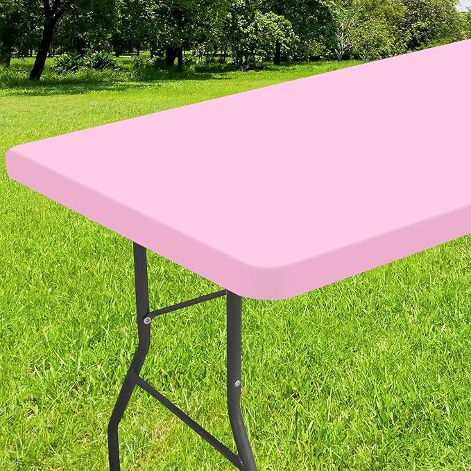 Smiry Rectangle Tablecloth, Elastic Fitted Flannel Backed Vinyl Tablecloths for 8ft Folding Tables, Waterproof Wipeable Table Covers for Valentine's Day, Outdoor, Picnic and Camping (Pink, 30"x96")