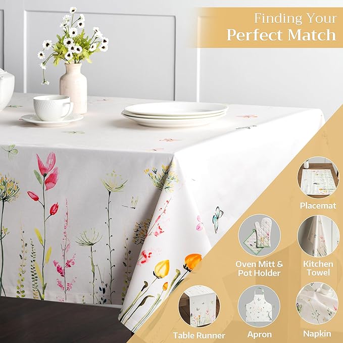 Maison d' Hermine Table Cloth Rectangle Table 100% Cotton 60 x 108 Inches Tablecloth Reusable Decorative for Dining Room Farmhouse Home Valentines Day Decorations Spring Summer - Botanical Fresh
