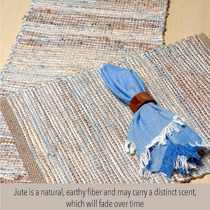Natural Jute Table Runner, 13x72 Inch | Sky Blue-White, Vintage Boho Rustic - Image 3