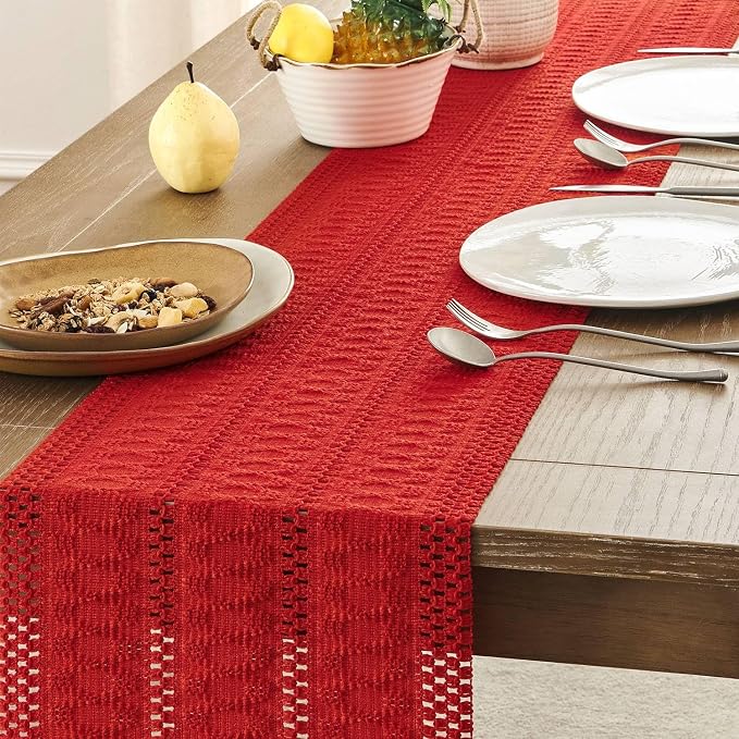 Macrame Style Boho Table Runner, 12x48 Inch Red | Woven Boho Table Runner - Image 5