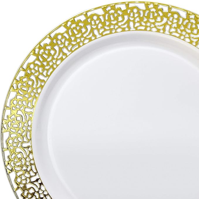 OCCASIONS 240 Plates Pack,(120 Guests) Heavyweight Premium Wedding Party Disposable Plastic Plates Set -120 x 10.25'' Dinner + 120 x 7.5'' Salad/Dessert (Florence White/Gold)