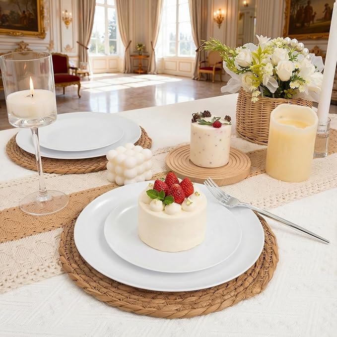 I00000 white Plastic Plates with Disposable silver silverware, disposable plates,nice disposable plates include 30 Dinner plates,30 white dessert plates, 90 Plastic Silverware Set for Valentine's Day