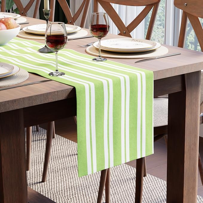 Encasa XO Table Runner, Woven Cotton Dining Runner 13"x94" Franca Lime Stripes by EncasaXO