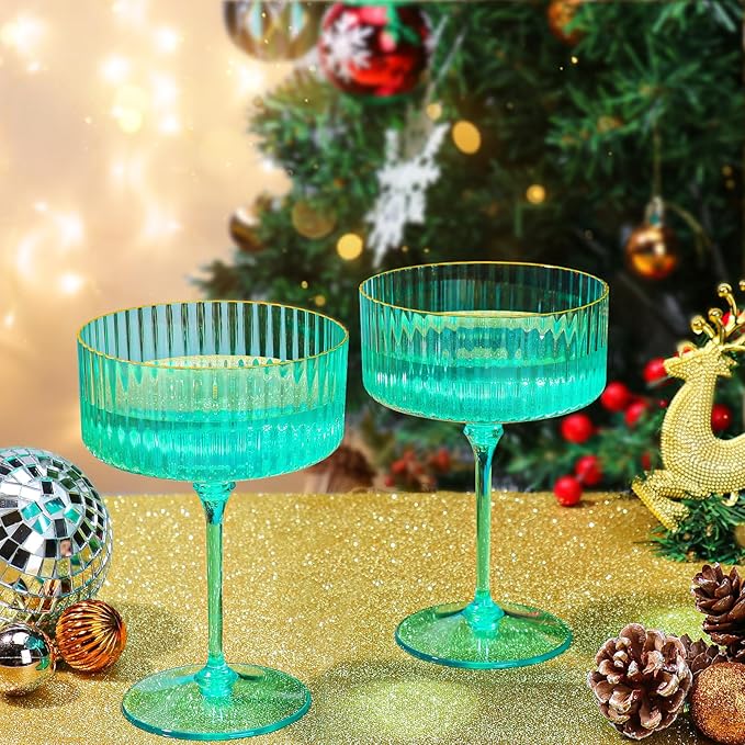 XUWAIDSGN 12 Pcs Champagne Martini Glasses 9 Oz with Gilded Removable Gold Rim Coupe Glasses Pink Martini Glasses Plastic Mimosa Vintage Coupe Glasses Set For Wedding Anniversary (12, Teal)