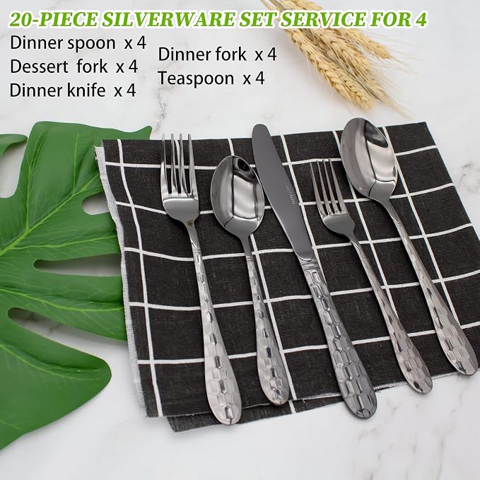 Hammered Silverware Set for 4, 20-Piece Black Flatware, 18/10 Stainless Steel - Image 3