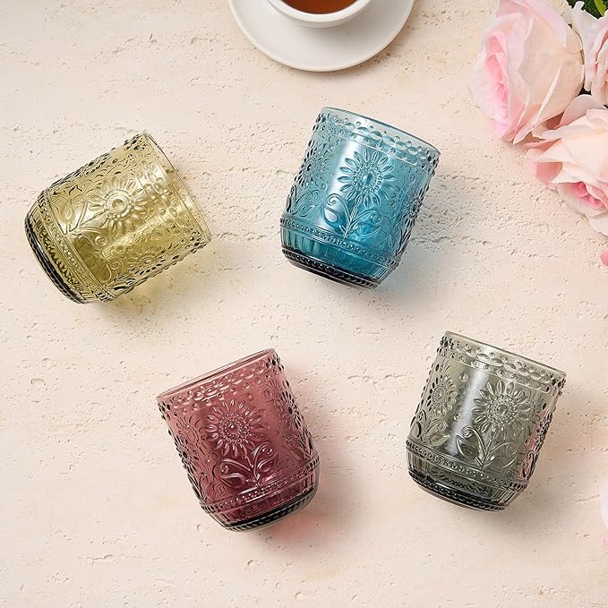 4 Pack 12 Oz Vintage Glassware Drinking Glasses Set, Embossed Floral Decorative Glassware Set for Whiskey, Beer, Juice, Wine（Transparent）