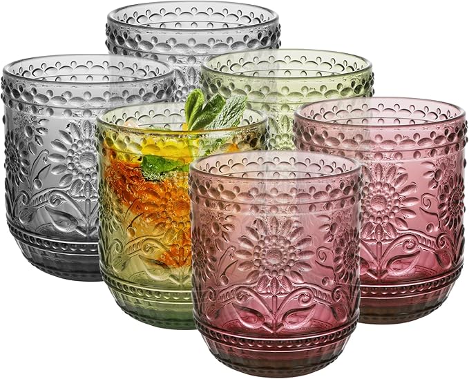 Topsky Vintage Drinking Glass Set of 6,12 oz Embossed Floral Decorative Glassware Set,Glass Cups Wine Glasses Beverages Tumblers Colored Glassware for Whisky,Beer,Juice,Cocktail,Heavy Duty