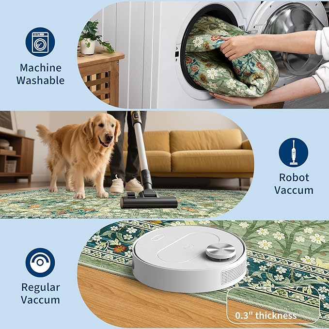 GarveeHome Sage Green Floral 6 ft Round Rug Washable Non-Slip Soft Low Pile Circle Carpet Vintage Rugs for Kitchen Bedroom Nursery Dining Living Room