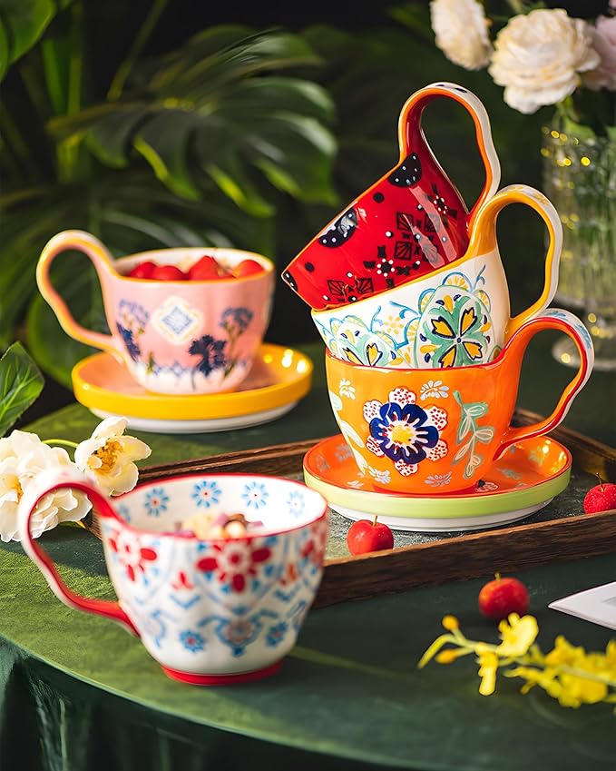 25oz Ceramic Soup Bowl with Handle – Handcrafted Floral Pottery Cereal & Ramen Bowl – Large Microwave & Dishwasher Safe Decorative Bowl for Everyday Use or Gift (Amalfi Bloom, 20oz)