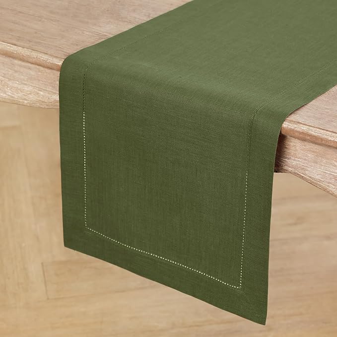 Solino Home 100% Linen Table Runner Olive, Classic Hemstitch 14 x 108 in | - Image 2