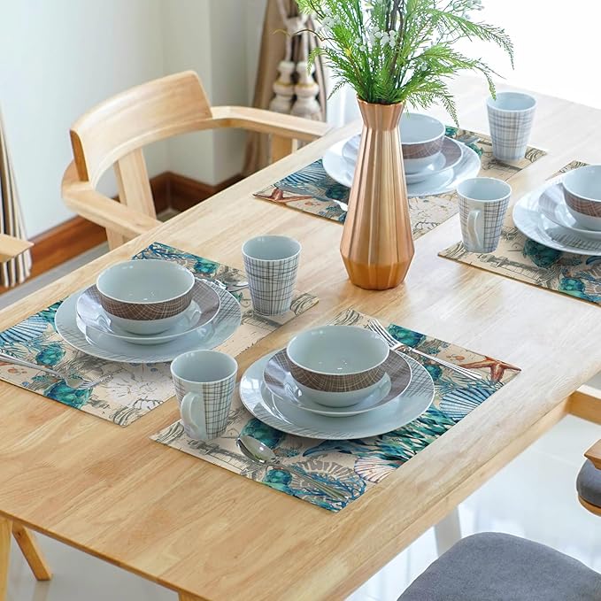 Nautical Placemats Set of 4 - Vintage Coastal Place Mats 12x18 Sea Turtle Table Mats Beach Kitchen Mats for Party Dining Table