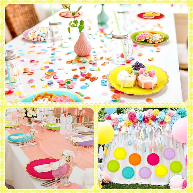 48 Pcs Neon Colorful Paper Plates 9 Inch Gradient Scalloped Paper Plates Disposable Dinner Dessert for Birthday Wedding Bridal Party Supplies, 6 Colors