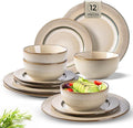 GBHOME Ceramic Dinnerware Sets,12 pcs Embossed Elegant Stoneware Plates and Bowls Sets, Housewarming Wedding Gift | Dishwasher & Microwave Safe | Dishes Set Service for 4