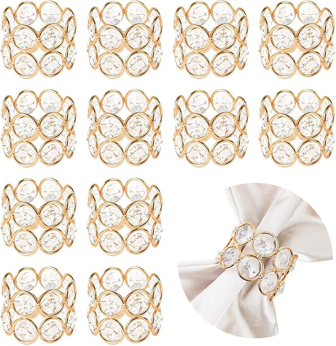 Crystal Metal Napkin Rings Set, Elegant Wedding/Party Table Decor, Shiny Holiday Dinner Accessories Bulk, Bridal Shower Gift, Anniversary, Christmas, Home Decor Essentials (Gold, 12-Pcs)