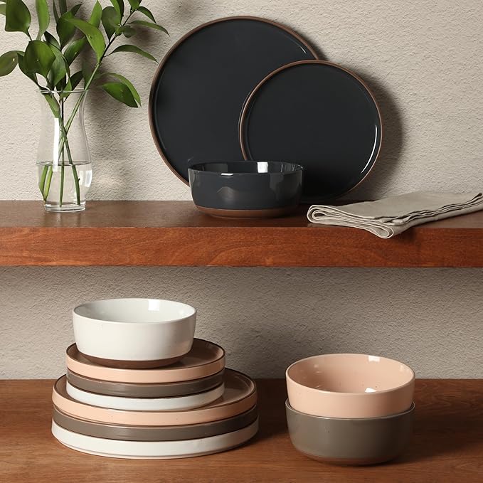 Gibson Elite Northrock Stoneware Dinnerware Set, 12-Piece Service for 4 Plates and Bowls Set – Assorted Colors Blue, White, Pink, Gray Dishes with Hand-Painted Terracotta Base