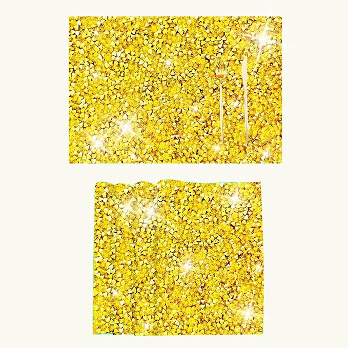Gold Placemats Gold Heat Resistant Mat Square Placemats Trivets Rhinestone Decor Place Mat Crushed Diamond Decor Bling Sparkly Mat Set of 1