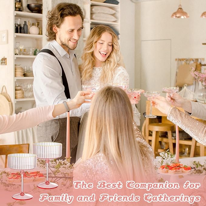 XUWAIDSGN 12 Pcs Champagne Martini Glasses 9 Oz with Gilded Removable Gold Rim Coupe Glasses Pink Martini Glasses Plastic Mimosa Vintage Coupe Glasses Set For Wedding Anniversary (12, Ribbed Pink)