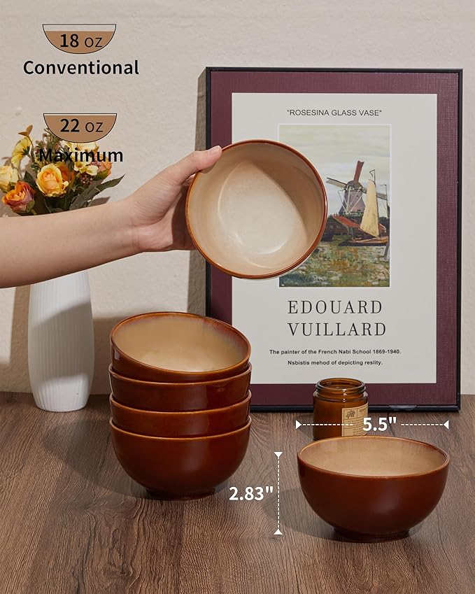 Reactive Glaze Bowls Set of 6, Microwave and Dishwasher Safe Bowls, Stoneware Soup Bowls, Kitchen Bowl Set for Cereal Soup Rice Pasta Salad Oatmeal, Brown and Yellow