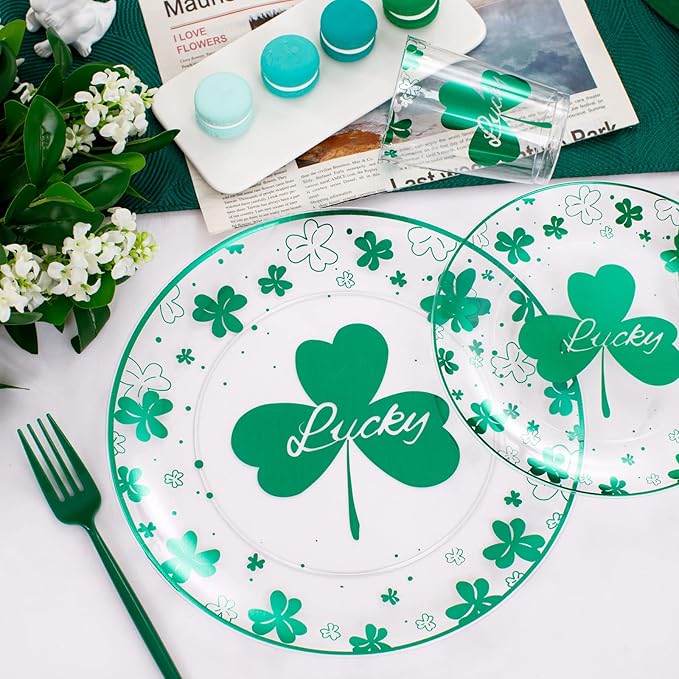 U-QE 60PCS St Patricks Day Plates - Clear and Green Disposable Plates - Premium Hard Green Plastic Plate Including 30 Dinner Plate 10.25'' & 30 Dessert Plate 7.5 '' Perfect for St. Patrick’s Day