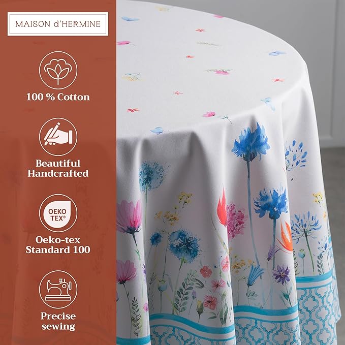 Maison d' Hermine Table Cloth Round Table 100% Cotton 69 Round Inches Tablecloth Reusable Decorative for Dining Room Farmhouse Home Valentines Day Decorations Spring Summer - Flower in The Field