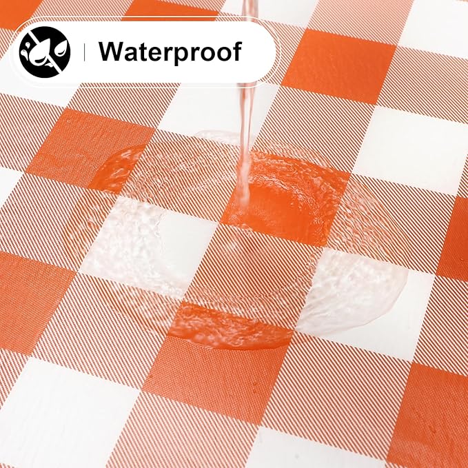 misaya Round Waterproof Vinyl Table Cloth, Buffalo Flannel Backed Tablecloth, Wipeable Plastic Table Cover for Dinner, Kitchen, Picnic (60", Orange and White)