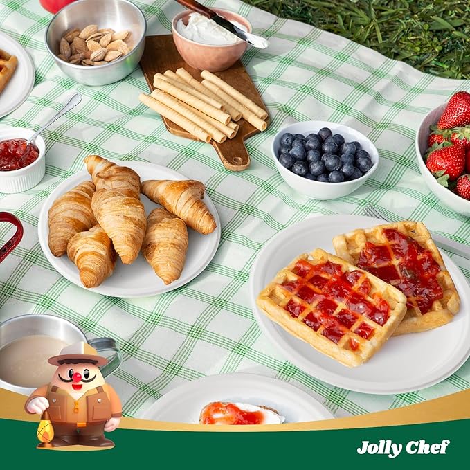 JOLLY CHEF Compostable Heavy Duty Plates 9 Inch [300 Pack] Eco-Friendly Disposable White Paper Plates Bagasse Biodegradable Sugarcane Bulk for Party Dinner Lunch Hot Cold Foods Christmas