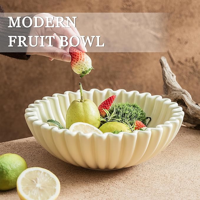 Large Decorative Bowl, Beige Ceramic Fruit Bowl for Kitchen Counter, Key Bowls for Entryway Table, Modern Coffee Table Home Decor, Scalloped Handmade Artwork