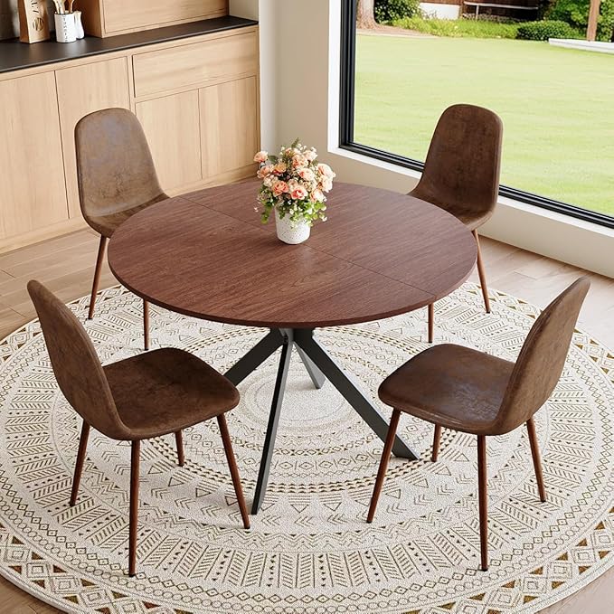 Round Dining Table Set for 4｜42"-54" Extendable Dining Room Table Set｜Wooden Kitchen Table with 4 Chairs｜Mid Century Modern Dinner Table Set with Cross Legs｜Easy Assembly｜Space Saving