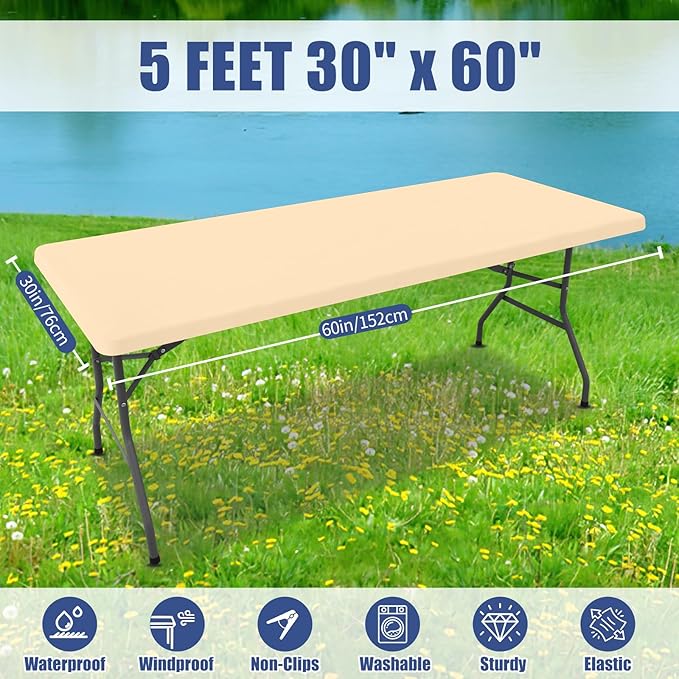 Spandex 5 Foot Rectangle Table Cloth 2 Pack, Elastic Fitted Tablecloths for Picnic, Stretch Washable Patio Table Cover for Outdoor, Camping, Banquet and Parties(Ivory, 30"x60")