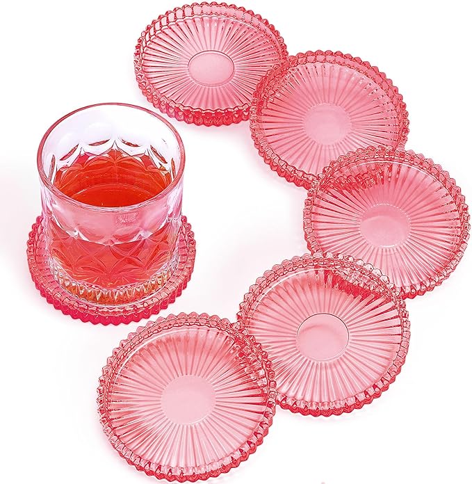 Modern Glass Coasters, GOH DODD Set of 6 Crystal Coasters Tabletop Protection for Drinks, Home Decor, Kitchen, Living Room, Patio, Wedding, Party, Housewarming Gifts, Clear Red
