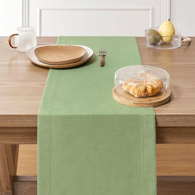 Linen Textured Border Table Runner, 14 x 60 Inch Green | Mitered Corner Design - Image 3