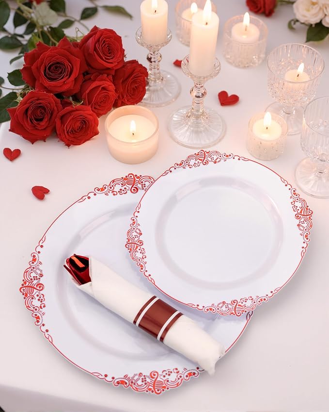 Nervure 350Pcs Red Plastic Plates, Plastic Dinnerware Set - Image 2